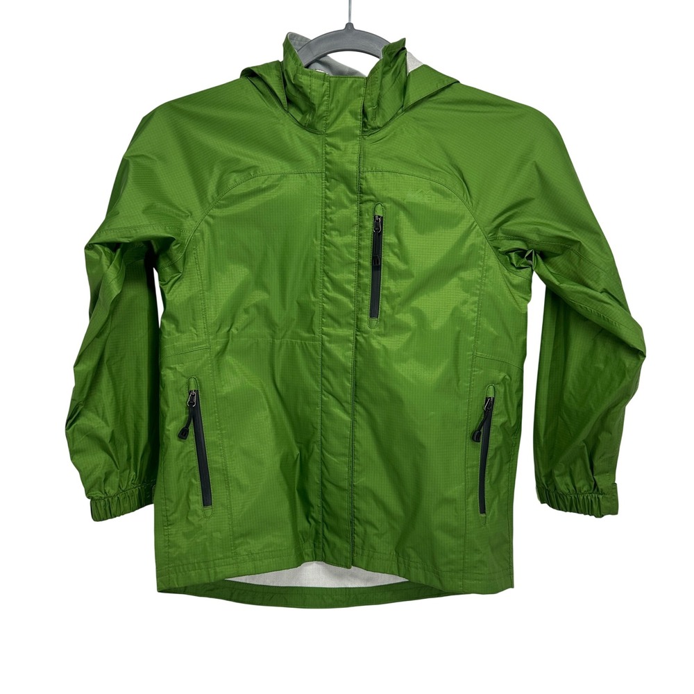 REI Boys XS 6/7 Rain Jacket Green Hooded Waterproof Ripstop Shell Full Zip Coat